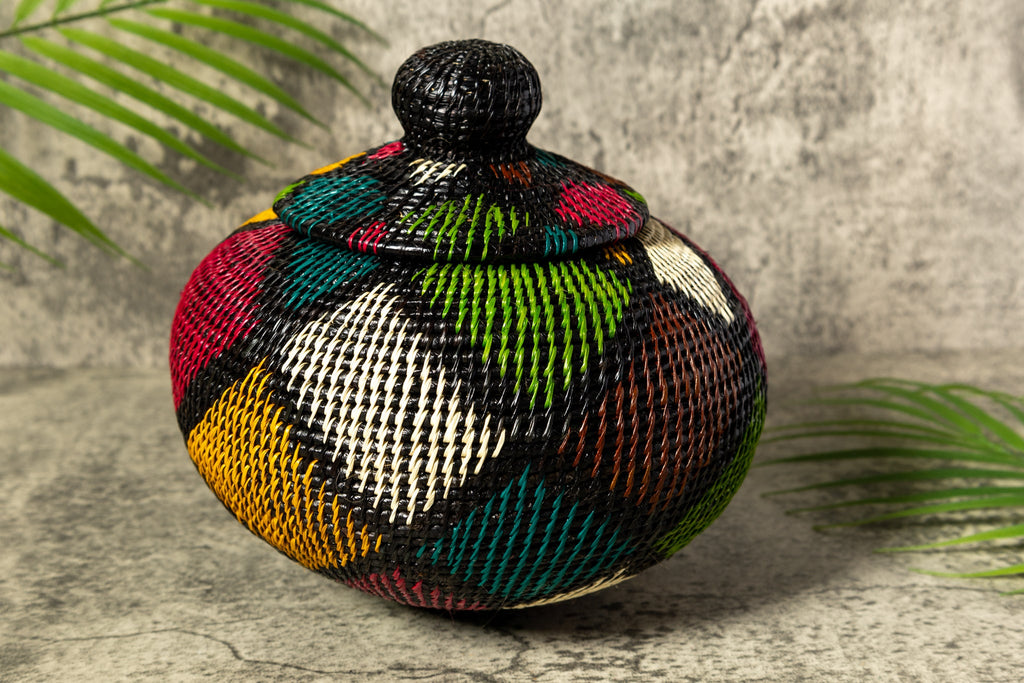 Rainbow Colors Fish Net Woven Basket With Top