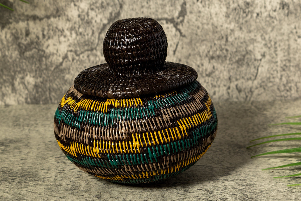 Green Gold And Gray Swirl Woven Basket With Top