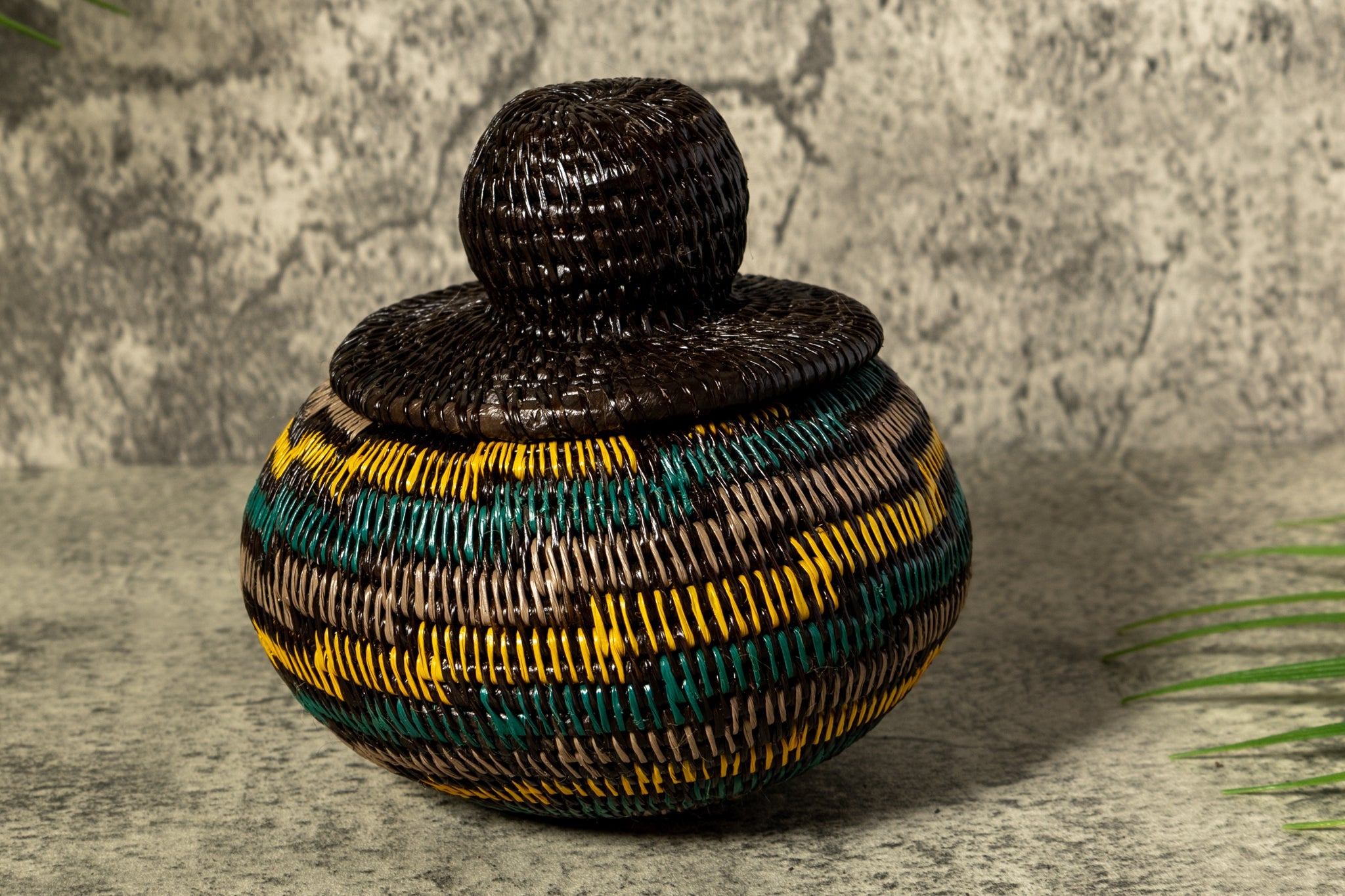 Green Gold And Gray Swirl Woven Basket With Top