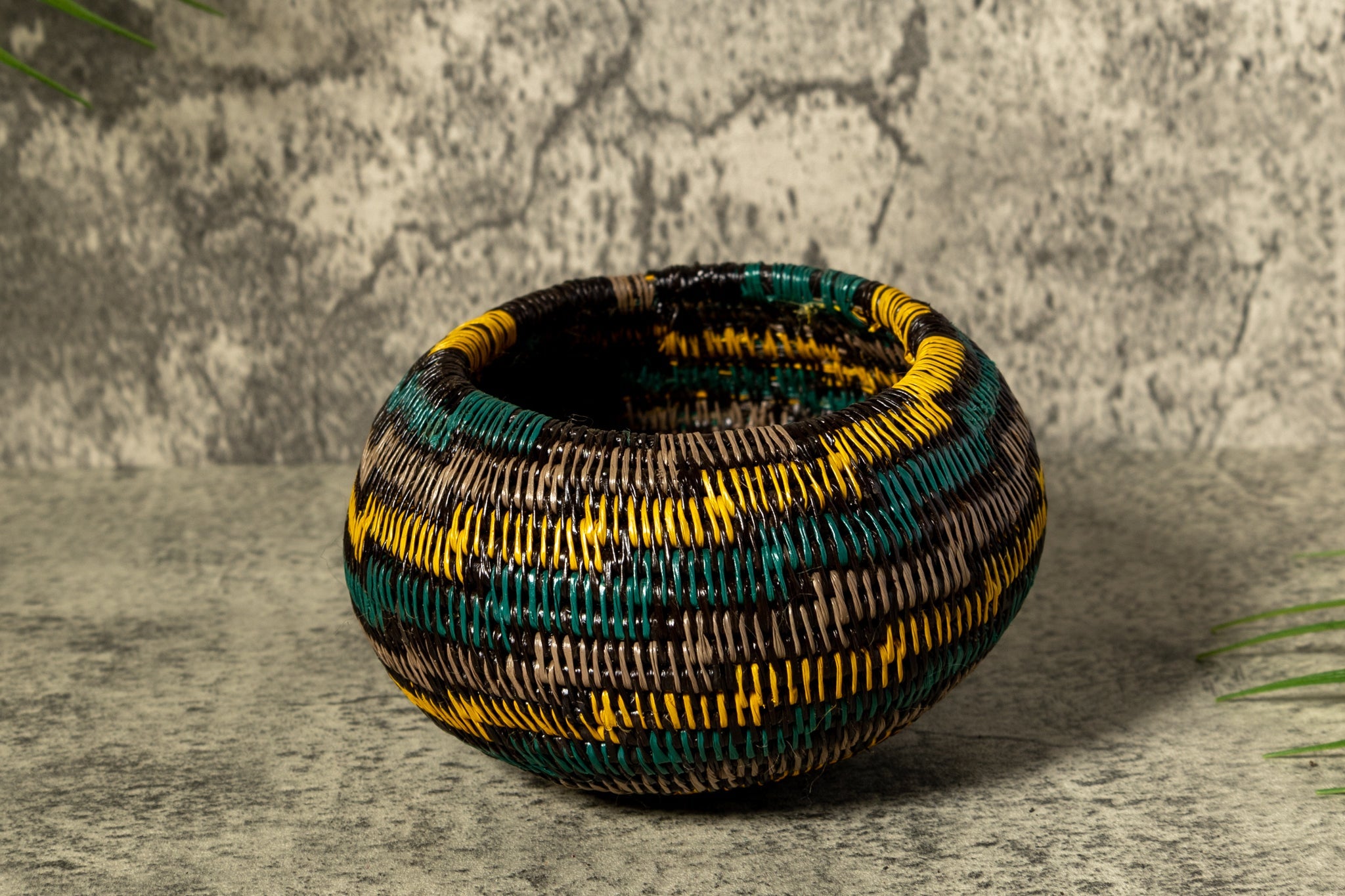 Green Gold And Gray Swirl Woven Basket With Top
