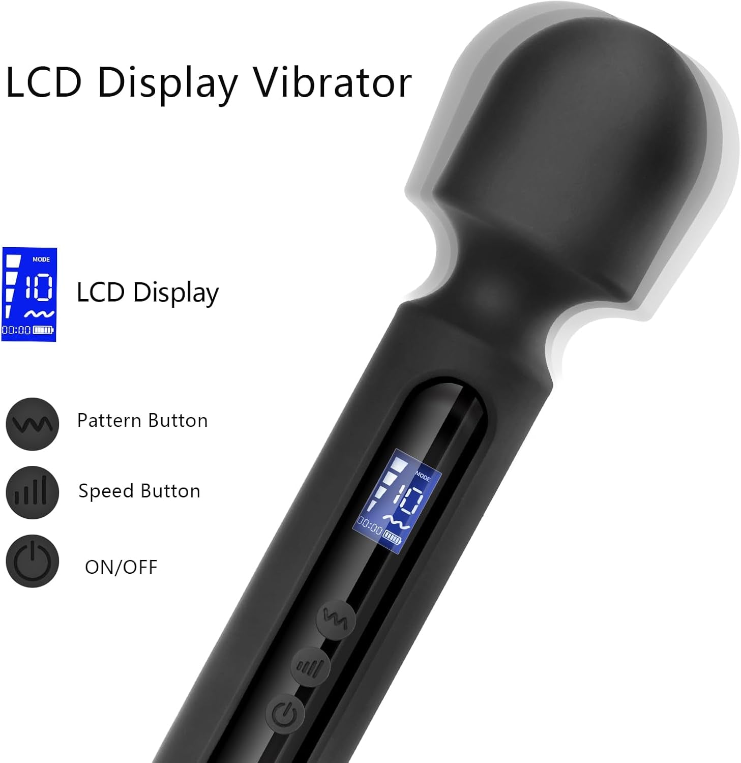 MidnightCommand 12" Wand Vibrator LCD Display 10 Patterns Waterproof