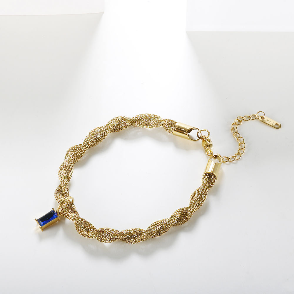 Blue Colored Baguette Cz Stone Crystal Woven Rope Bracelet