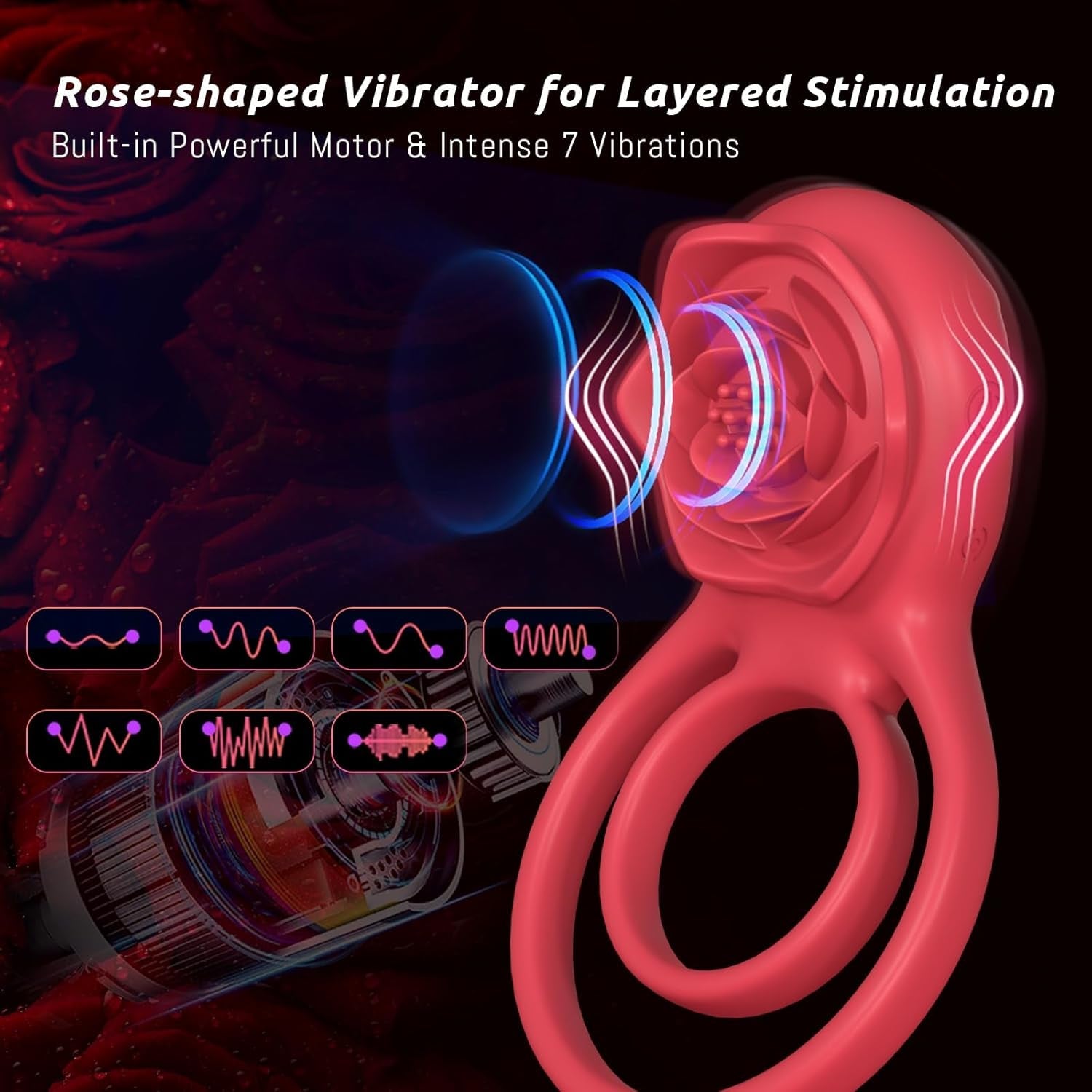 PetalGrip Rose Cock Ring Clit Stimulator 7 Modes Silicone