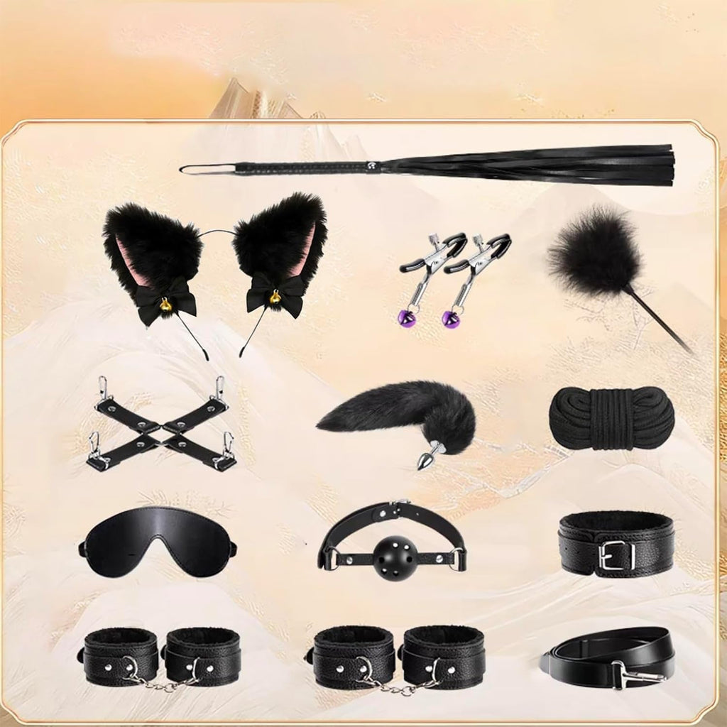 MidnightKink 12PC BDSM Kit Tail Anal Plug Restraints Set