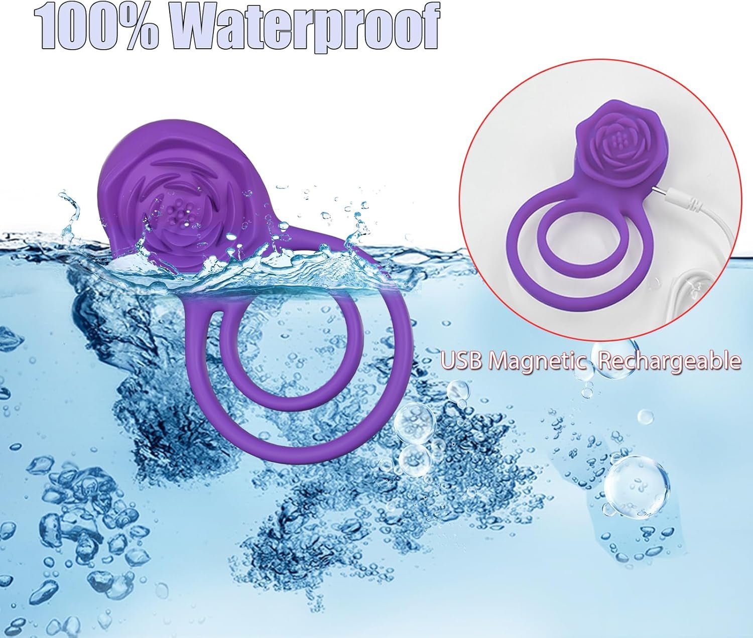 VioletLockX Purple Cock Ring Rose Clit Vibrator 7 Modes