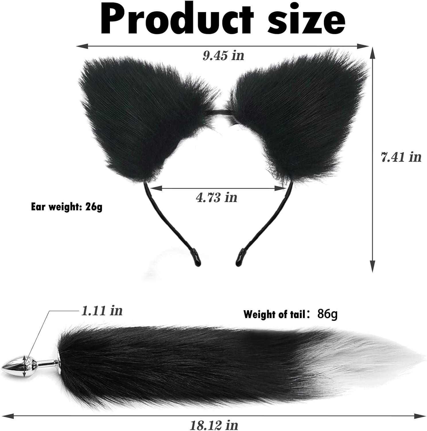 FrostTip Black White Fox Tail Steel Butt Plug 13"
