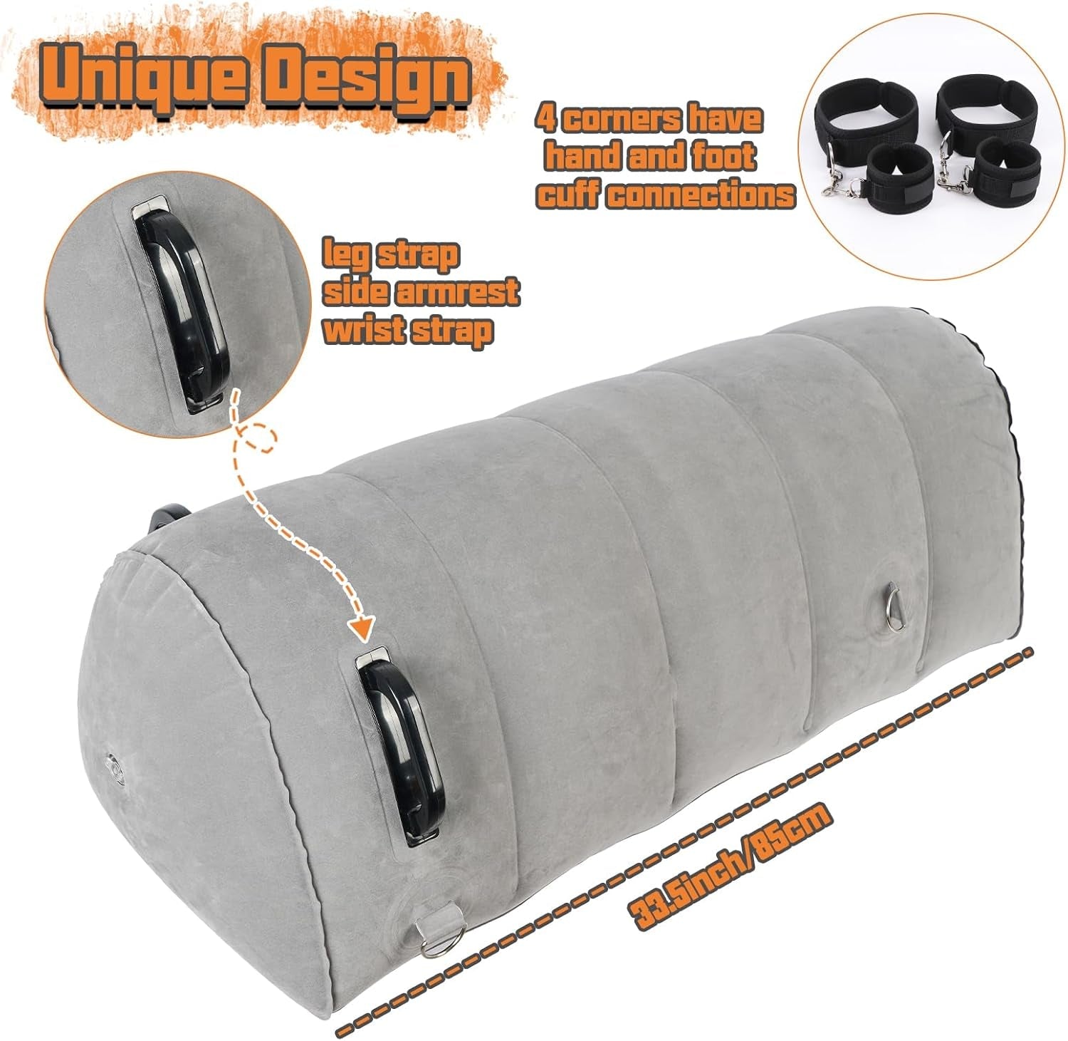 GripBond Inflatable BDSM Long Pillow with 4 Cuffs