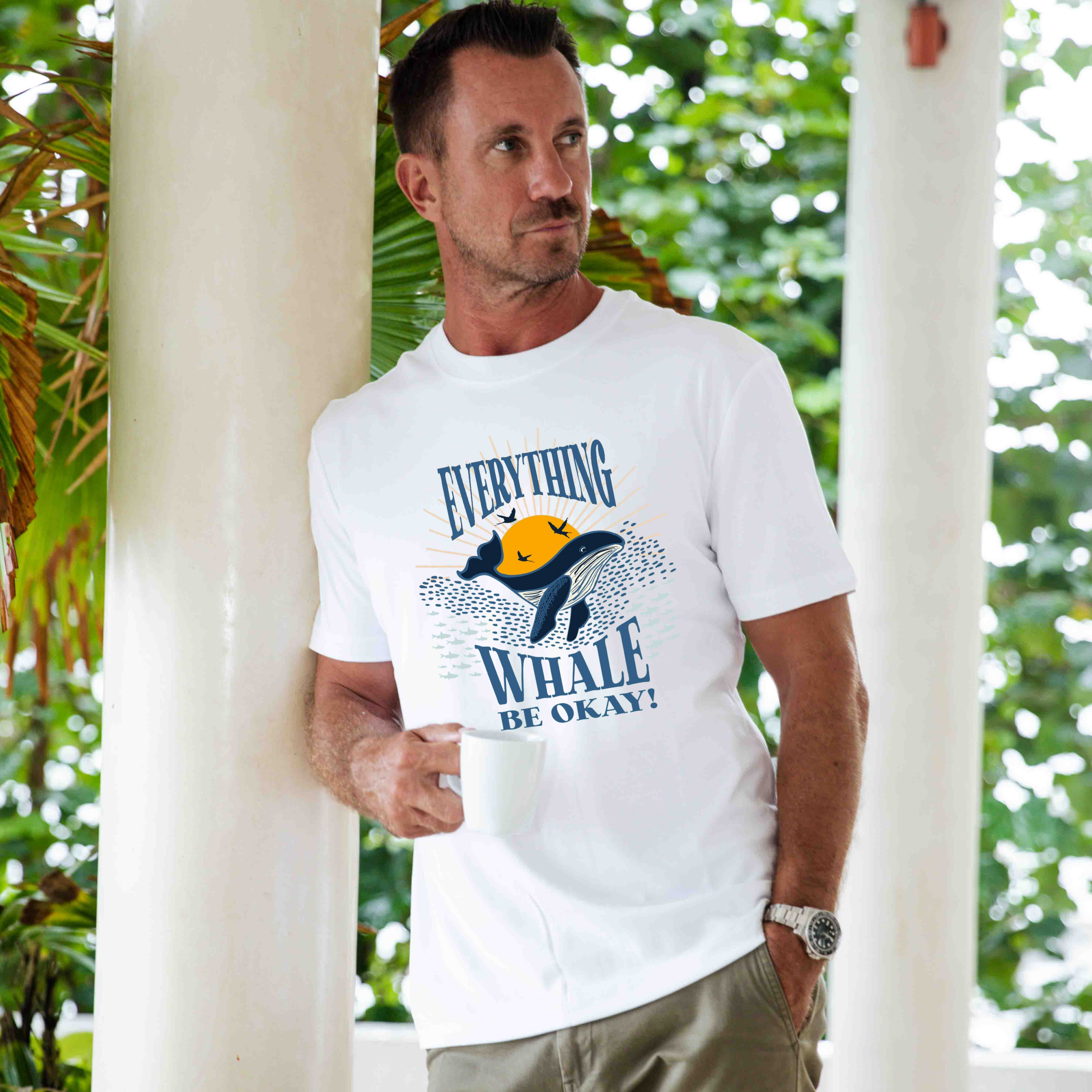 Camiseta hawaiana para hombre con diseño de ballenas al atardecer, cuello redondo, 100 % algodón