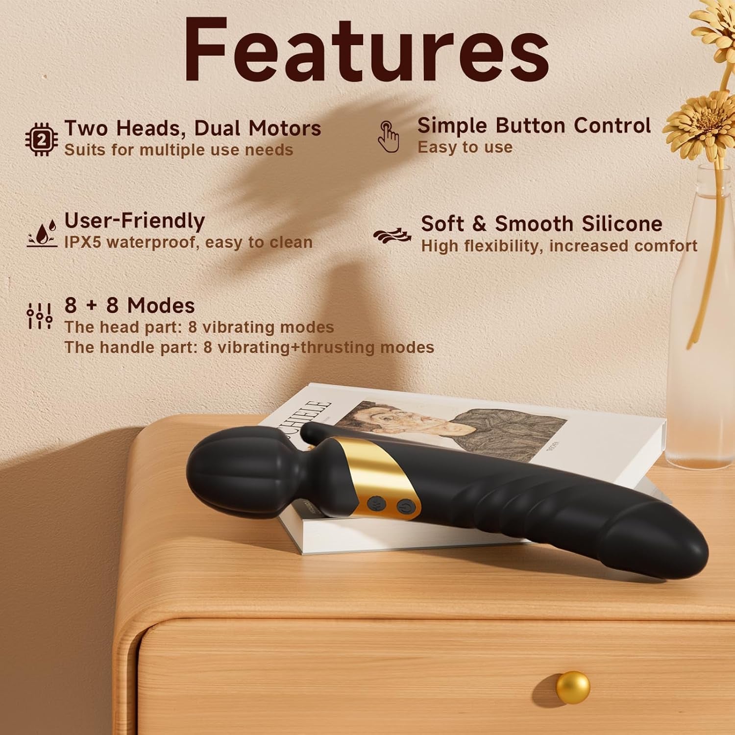 TwinThrive Dual End Wand Vibrator Thrusting Dildo 8+8 Modes