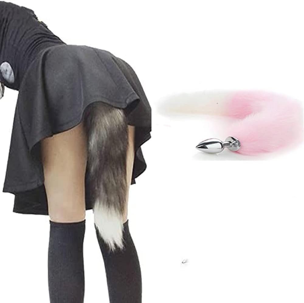 BlushFur Pink White Fox Tail Steel Butt Plug 18"