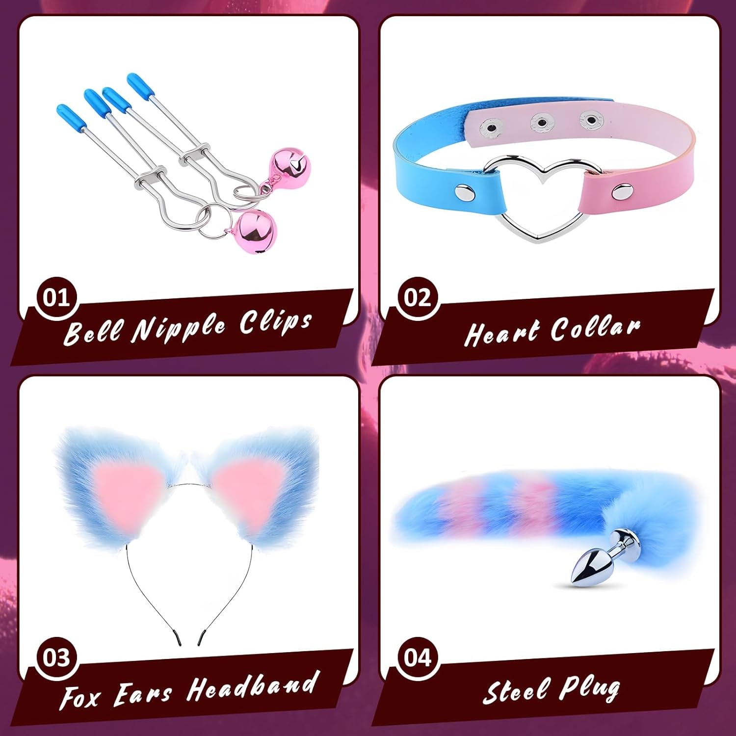 BellFeral Fox Tail Anal Plug Set 4PC Ears Collar Clamps