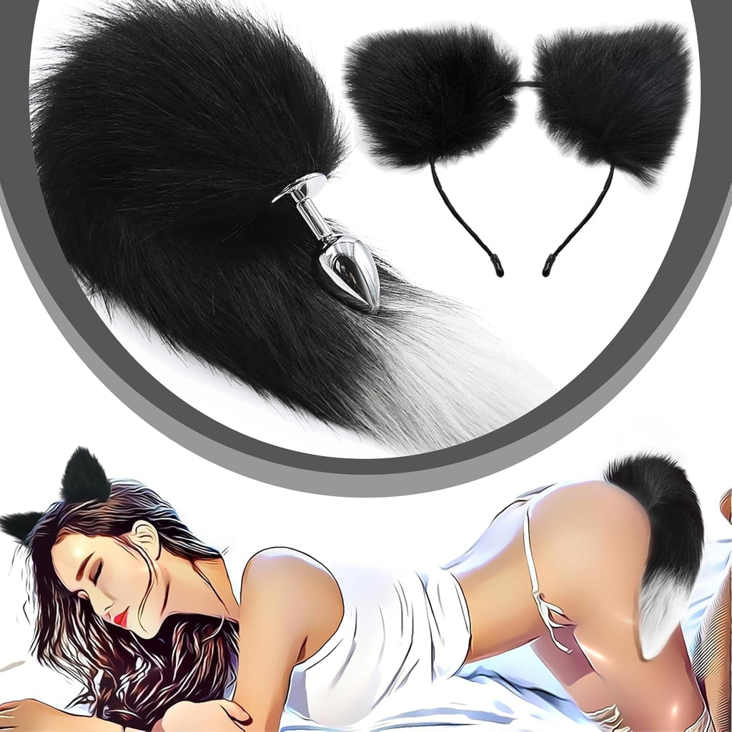 FrostTip Black White Fox Tail Steel Butt Plug 13"