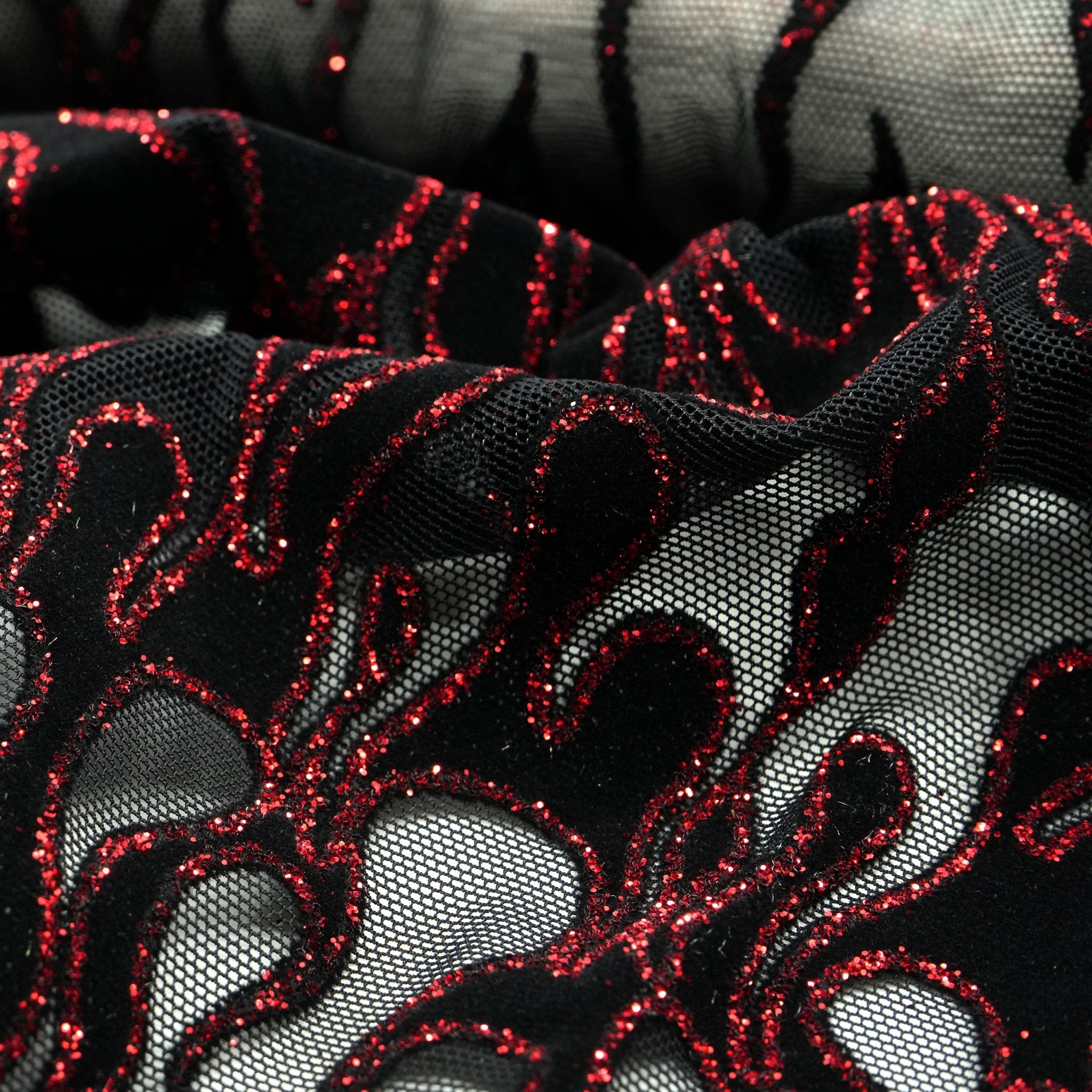 Fiery Glittered Flocked Stretch Mesh Fabric | Blue Moon Fabrics