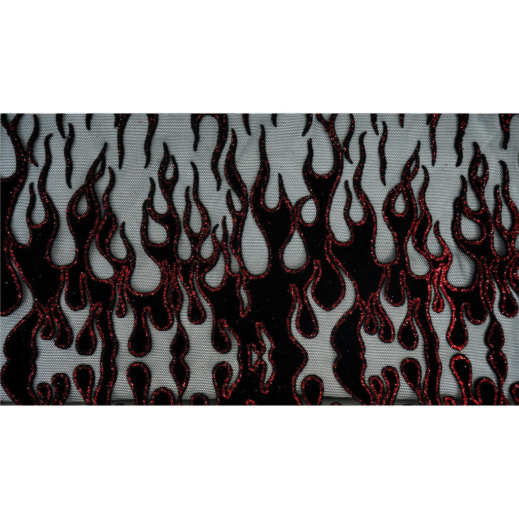 Fiery Glittered Flocked Stretch Mesh Fabric | Blue Moon Fabrics