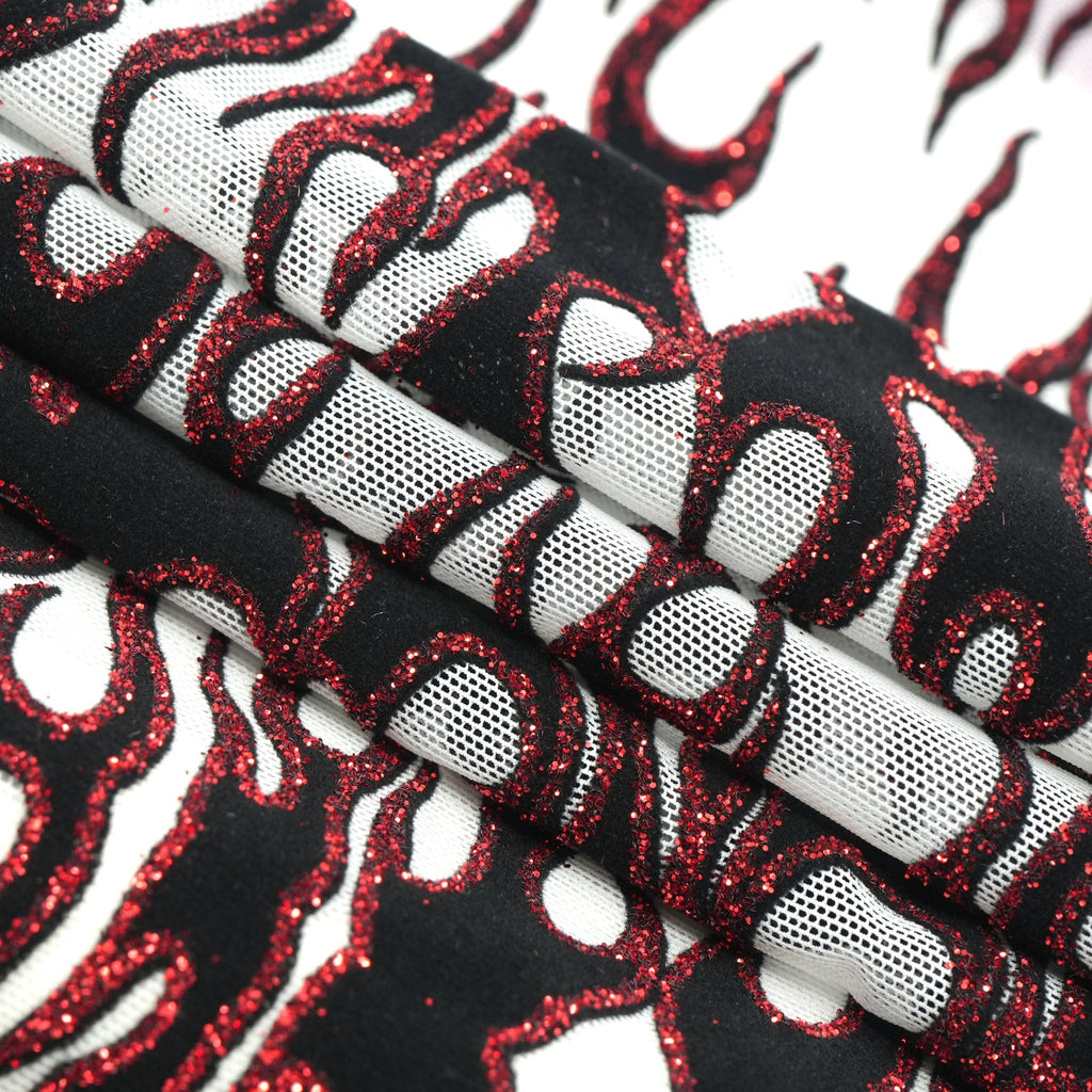 Fiery Glittered Flocked Stretch Mesh Fabric | Blue Moon Fabrics