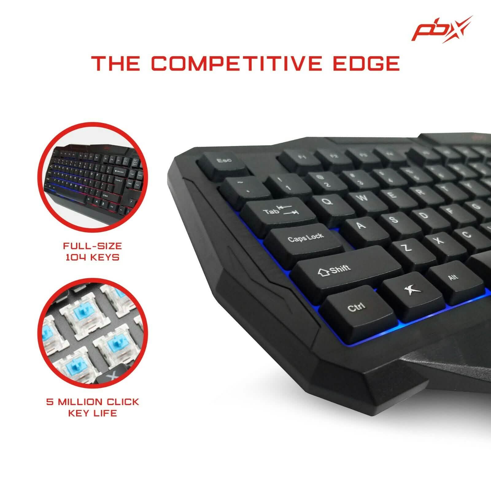 PBX Backlit Pro Gaming Keyboard - Full-Sized & Ergonomic with LED RGB Backlight